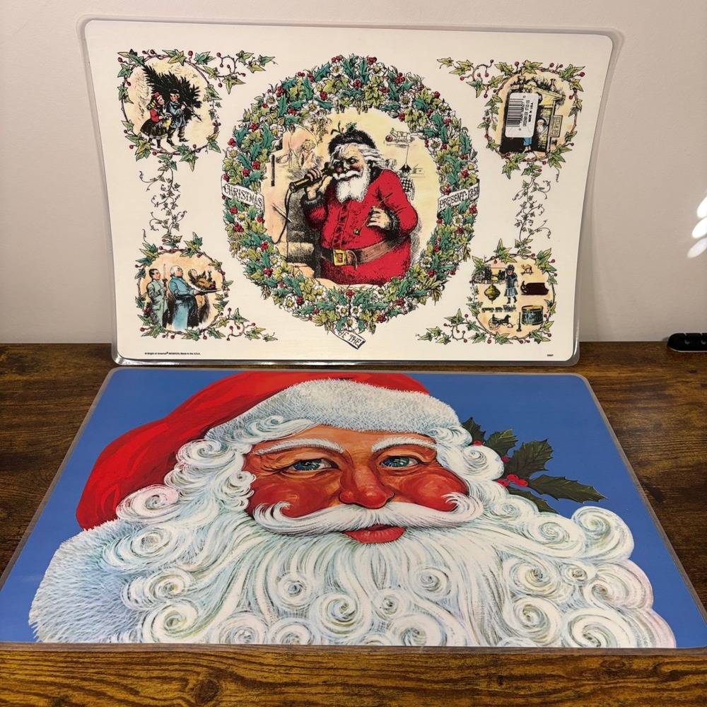 Bright of America Vintage 2pc Christmas Placemats Santa Claus 1994 Reversible